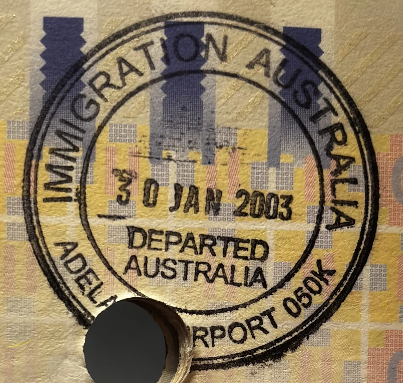 Passport Stamp issued at Adelaide Airport in Australia