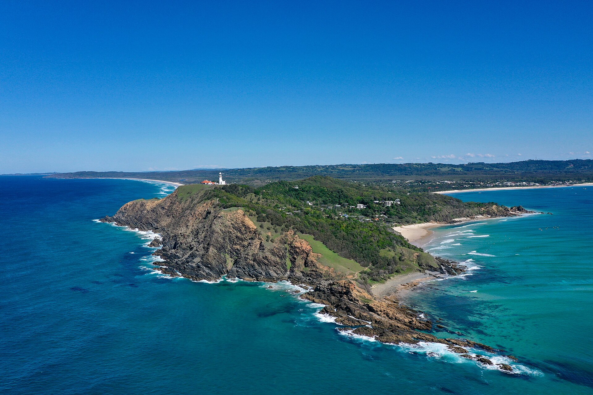 Byron Bay Lighthouse, Beach and Hinterland Aerial Shot in the Northern Rivers, NSW, Australia