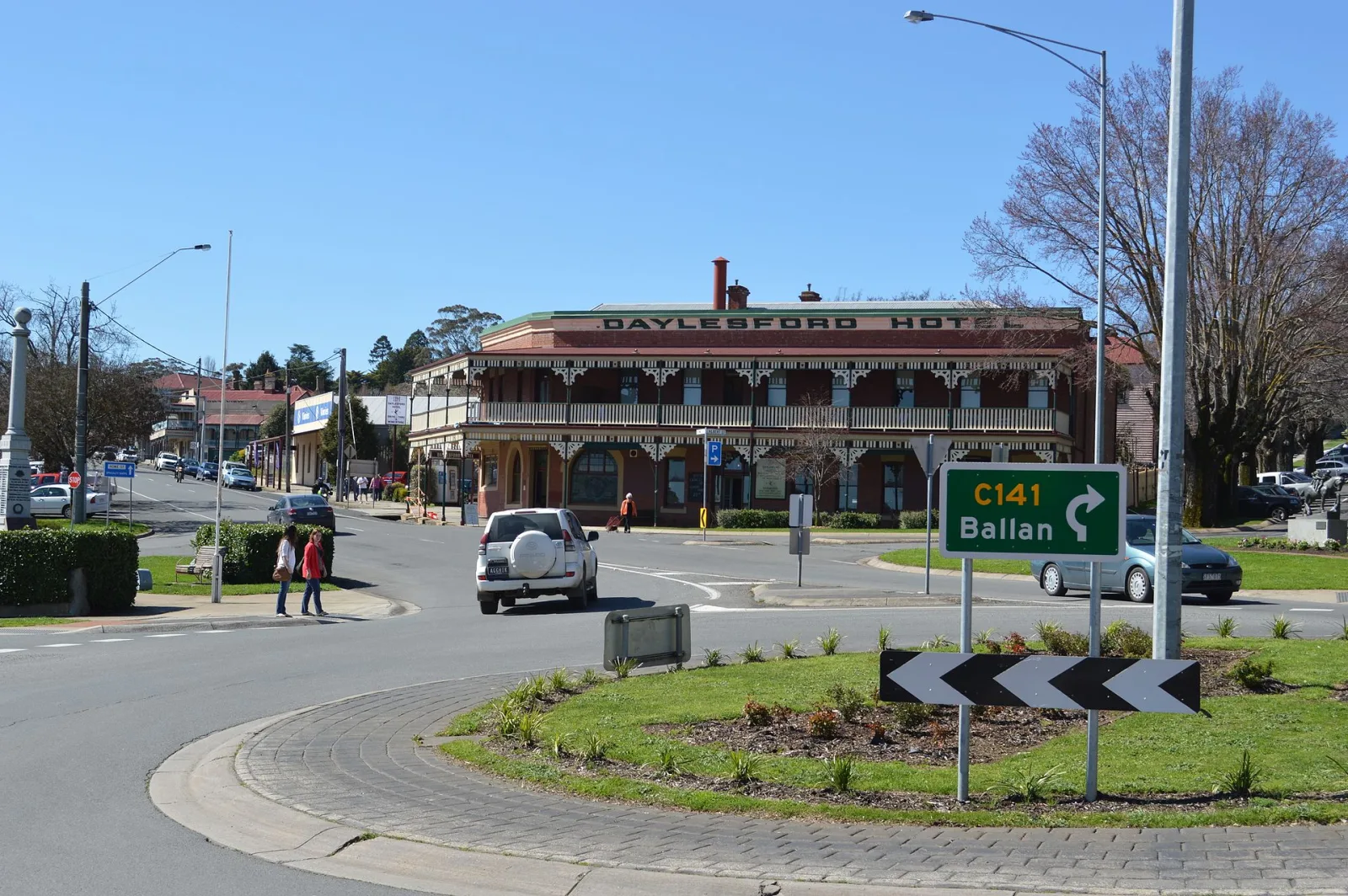A roundabout with the Daylesford Hotel at Daylesford, Victoria