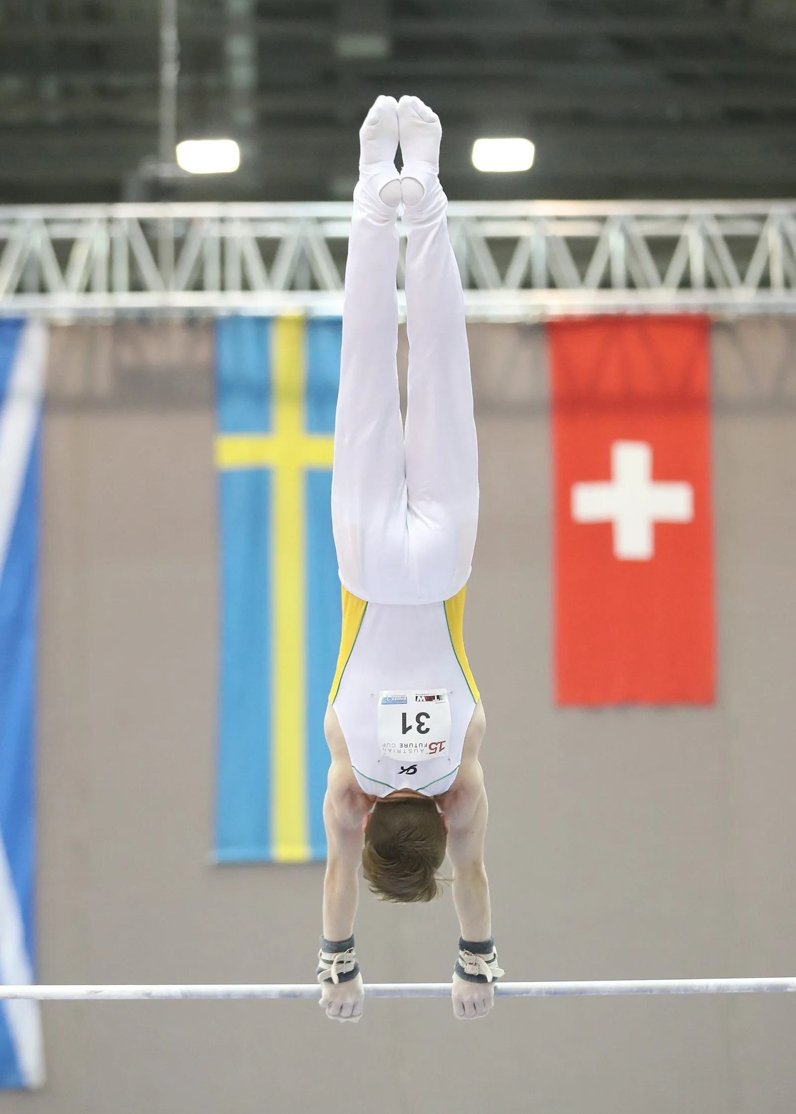 Australia on high bar during the competition at the 15th Austrian TGW Future Cup Linz 2018. Depicted: Calvin Currie.