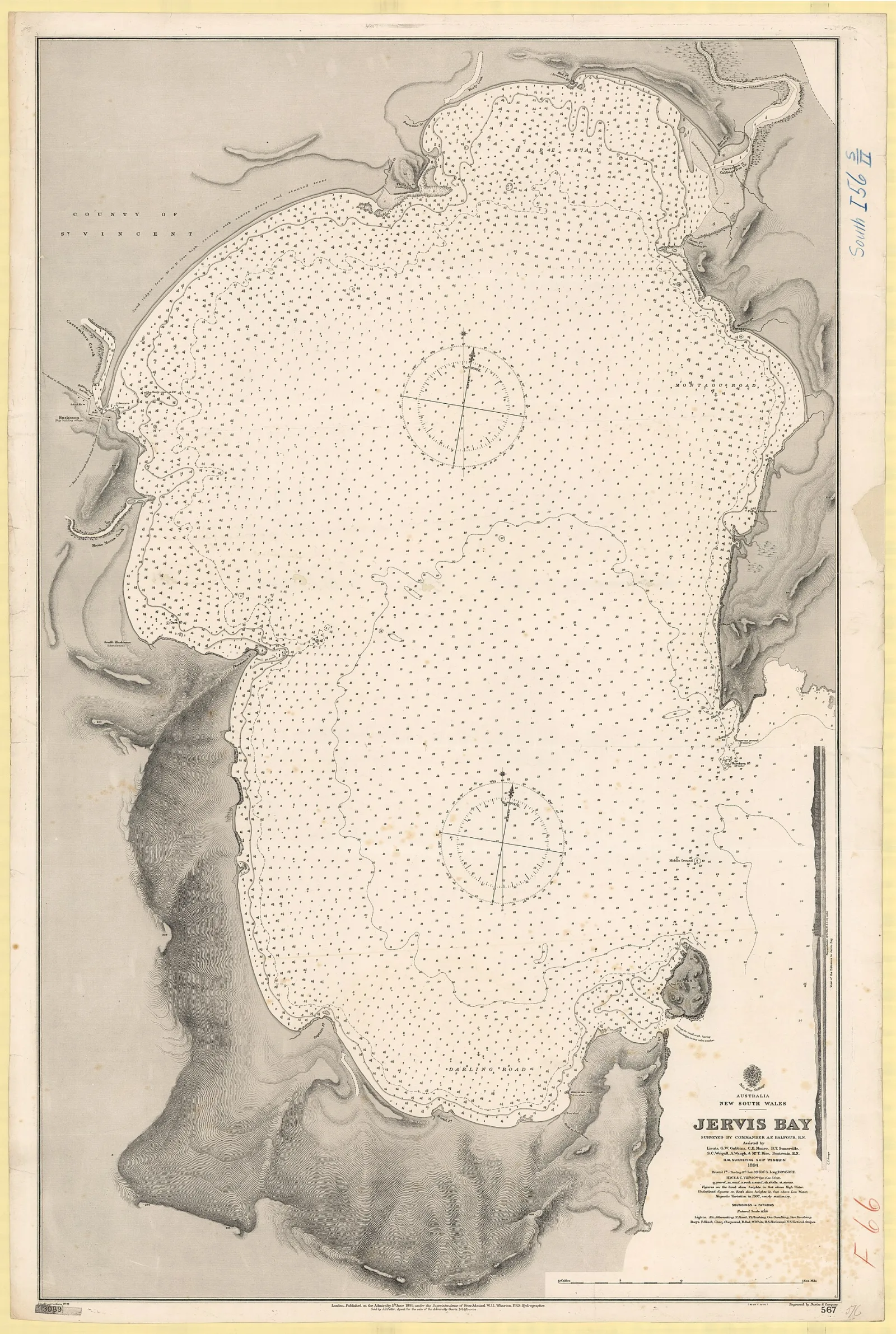 Nautical chart of Jervis Bay, New South Wales,Australia. Surveyed by Commander A.F. Balfour, R.N. assisted by Lieuts. G.W. Gubbins, C.E. Monro, B.T. Somerville, S.C. Weigall, A. Waugh &amp; Mr. T. Rice, Boatswain, R.N. H.M. surveying ship 'Penguin' 1894. Not current - not to be used for navigation!