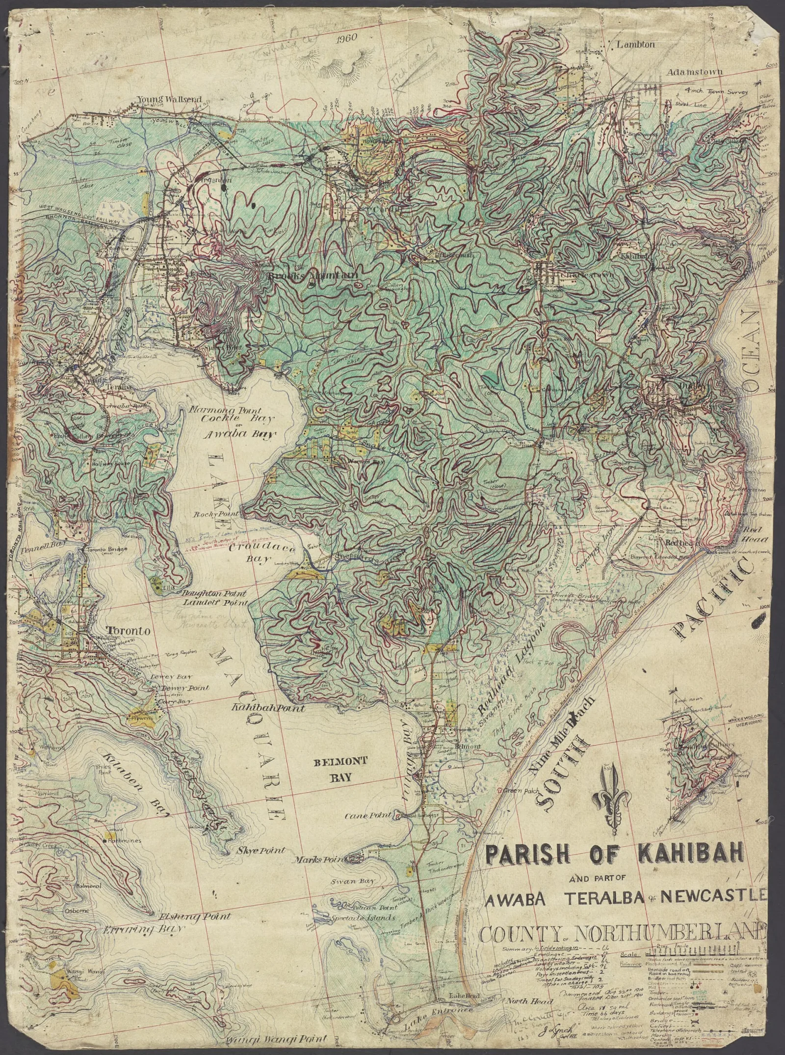 Surveyors map of contours and features of northern Lake Macquarie in 1911
