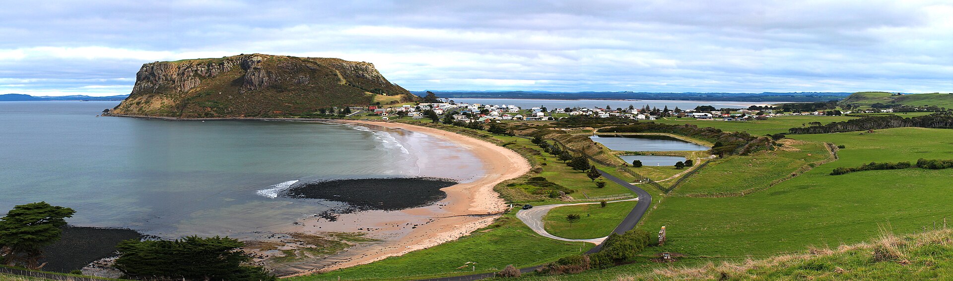 View of landmark the Nut and the town of Stanley in North West Tasmania, taken from Highfield House.